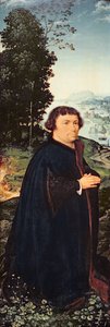 Ritratto di un donatore in ginocchio vicino a un fiume